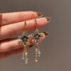 Gold Plated Korean Style Delicate Flower Tassel Drope Earrings